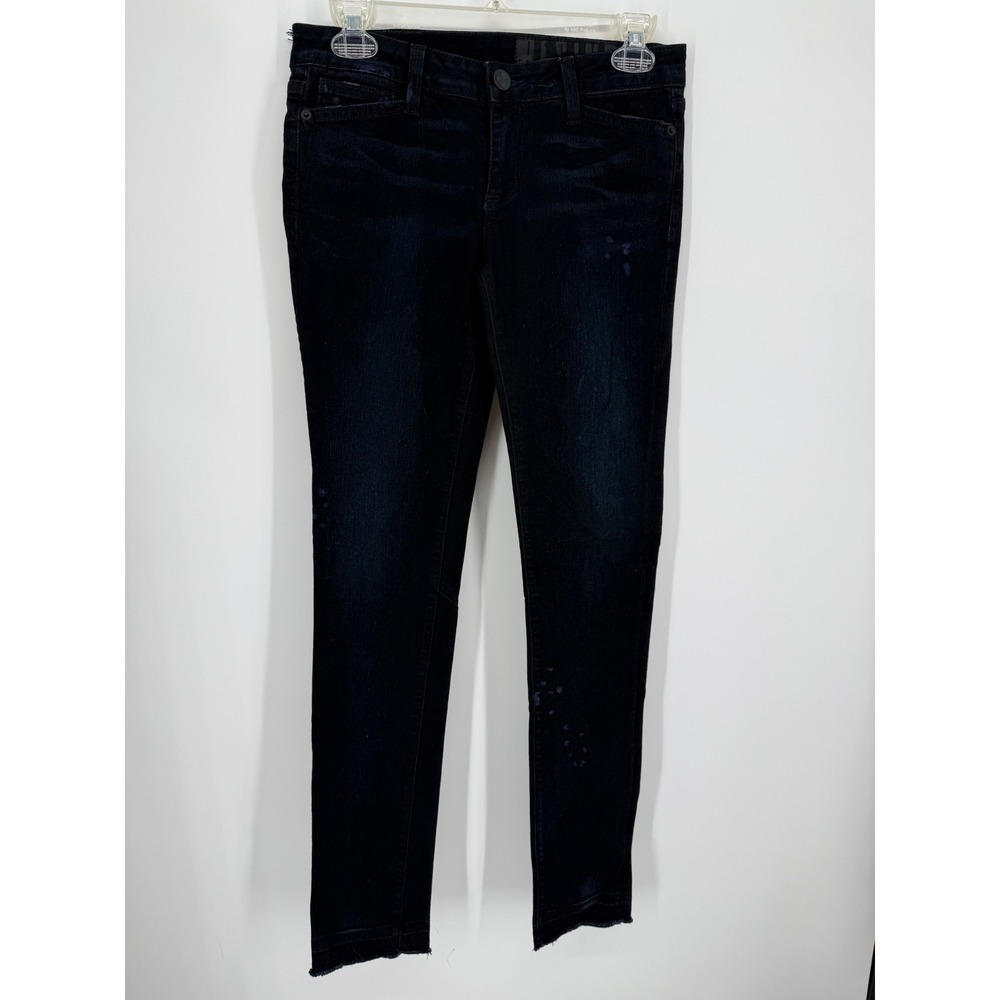 NEW Resin Lariat Jean Women Dark Wash Blue Paint Splatter Raw Hem Denim Grunge
